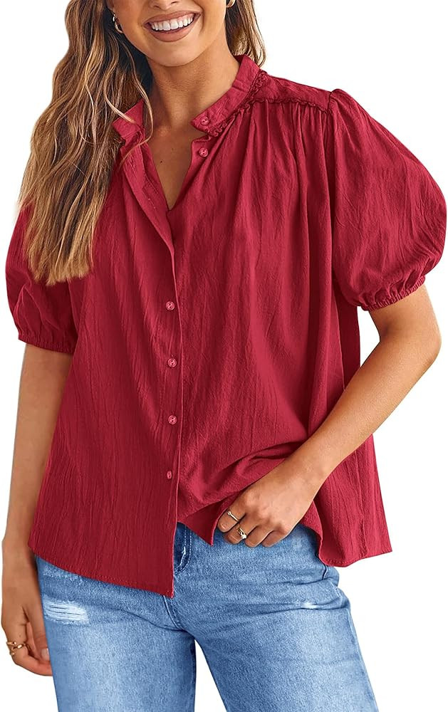 PRETTYGARDEN Women's 2025 Summer Tops Button Down Shirts Short Lantern Sleeve V Neck Cotton Cute ... | Amazon (US)