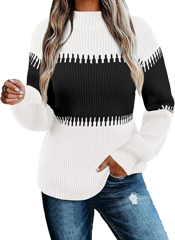 Imysty Womens Turtleneck Sweaters Fall Long Sleeve Color Block Striped Pullover Sweater Chunky Knit  | Amazon (US)
