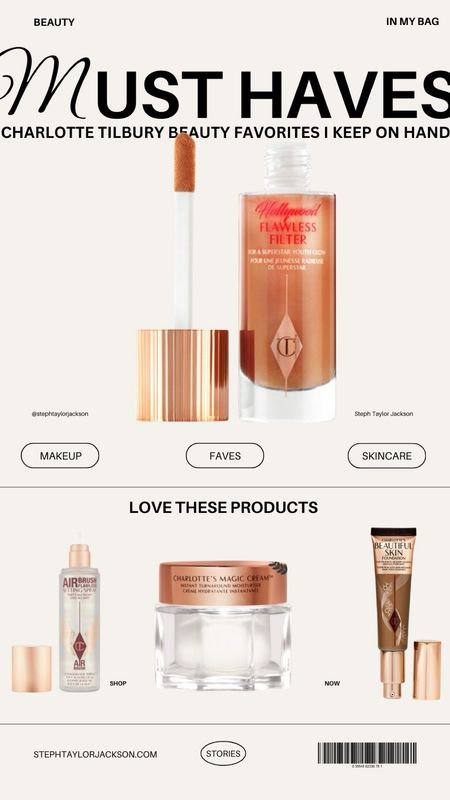 Charlotte Tilbury favorites!!! If you have been wanting to try the brand, I linked a few of my beauty favorites from here. The beautiful skin foundation is really lightweight and applies beautifully. I’m so happy the flawless filter is in stock, last year it was so hard to get! Of course the magic cream is a favorite- super hydrating and great for the skin. I also always keep the setting spray in stock in my makeup bag. It’s a great product 

#LTKFindsUnder100 #LTKBeauty