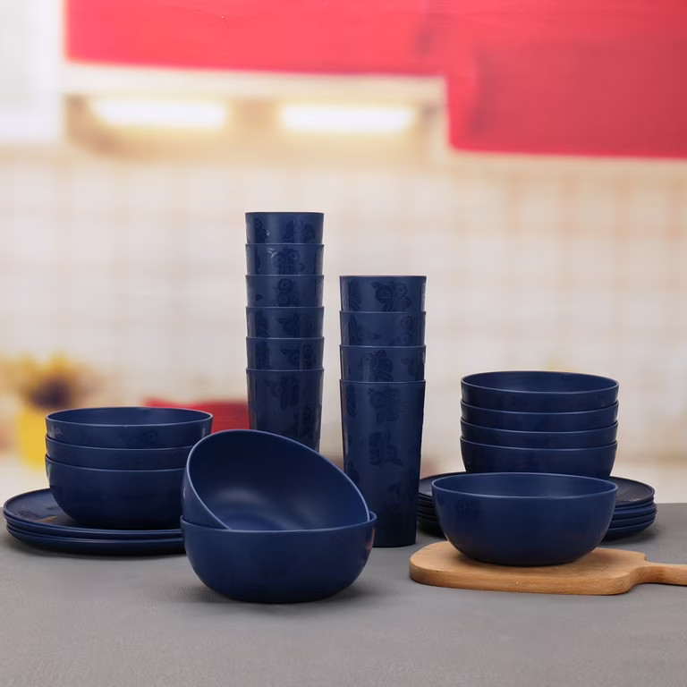 Mainstays 30-Piece Plastic Etched Blueberry Pattern Dinnerware Bundle Set, Navy Blue | Walmart (US)