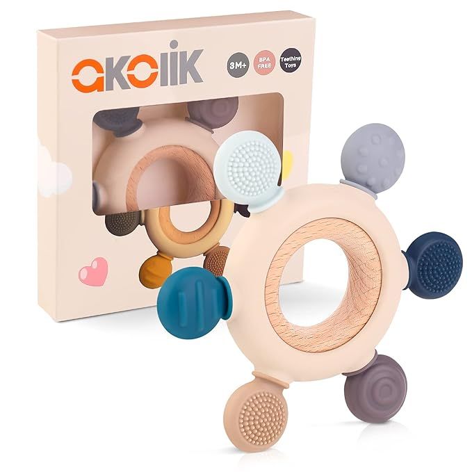 akolik Baby Teething Toys for Babies 0-6 6-12 Months Rudder Teether BPA Free with Wooden Ring Sil... | Amazon (US)