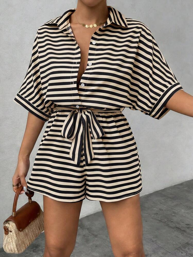 Chiquease Striped Batwing Sleeve Women's Front Button Casual Jumpsuit For Summer | SHEIN