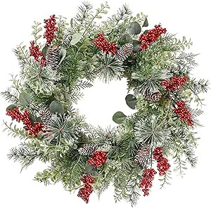 Sggvecsy 21 Inch Artificial Christmas Wreath for Front Door Xmas Red Berry Wreath with Pine Needl... | Amazon (US)