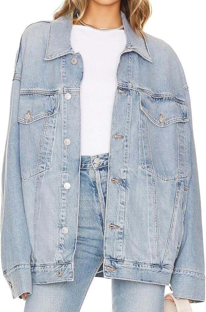 Tsher Women's Vintage Washed Oversized Boyfriend Jean Trucker Jacket Long Sleeve Loose Denim Coat... | Amazon (US)