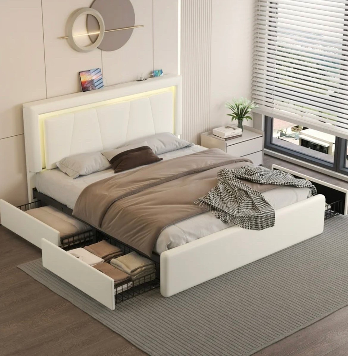 E-Motie Full Size Bed Frame with 4 Storage Drawers and LED Lights, Upholstered Platform Bed with Adjustable Headboard and Charging Station, Metal Slats Support, White

#LTKActive #LTKU #LTKHome