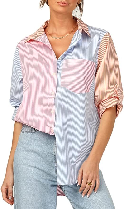 CHYRII Womens Casual Button Down V Neck Shirts Long Sleeve Blouse Tops with Pockets | Amazon (US)