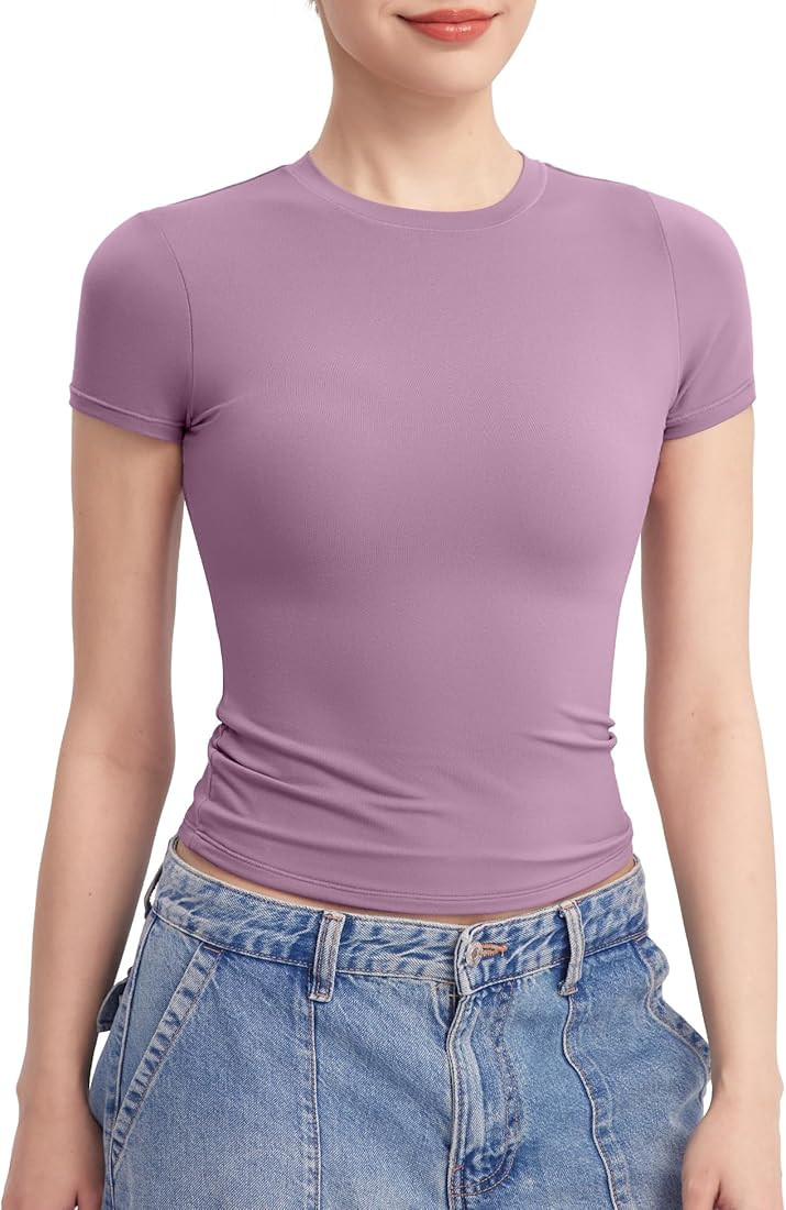 PUMIEY Women's Crew Neck Short Sleeve Tops Double Lined Slim Fit T Shirts Basic Tee Smoke Cloud P... | Amazon (US)