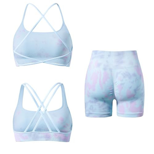 SUUKSESS Women 3 piece Seamless Workout Sets Padded Strappy Sports Bra Booty Athletic Shorts Set (Candy Tie Dye, S) | Amazon (US)