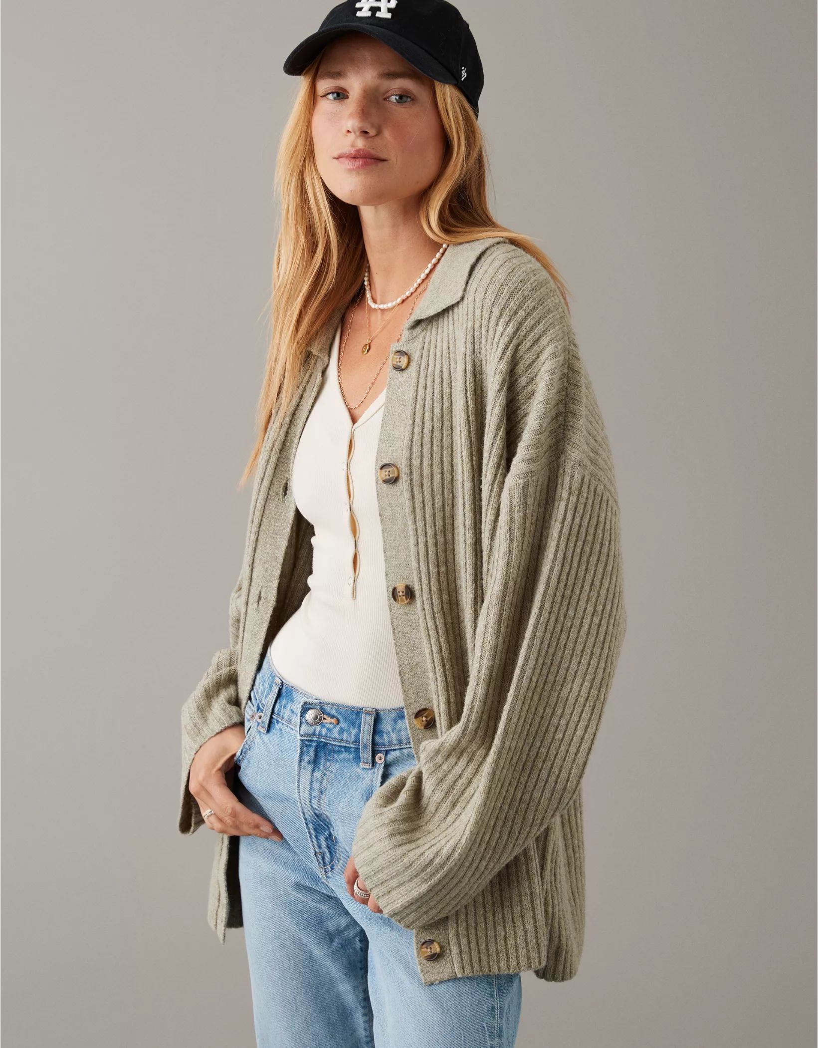 AE Collared Button-Front Cardigan | American Eagle Outfitters (US & CA)