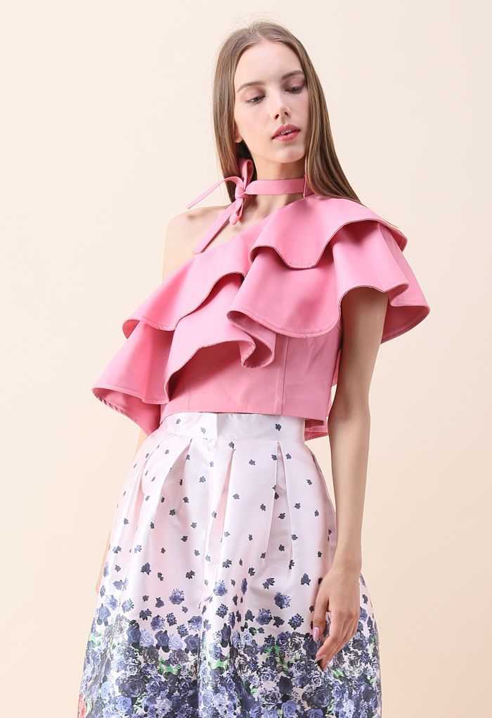 Ritzy One-shoulder Ruffled Crop Top in Pink | Chicwish