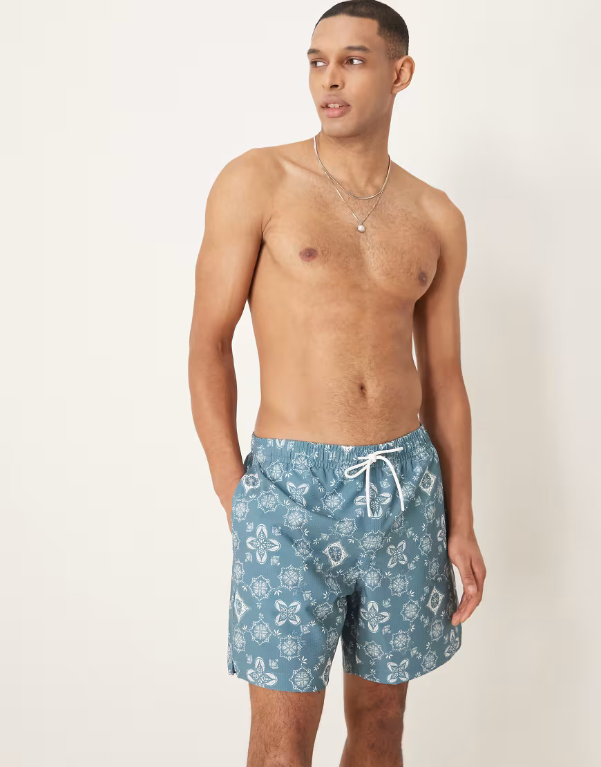 Abercrombie & Fitch 7 inch drawstring swimming trunks in blue bandana print | ASOS (Global)