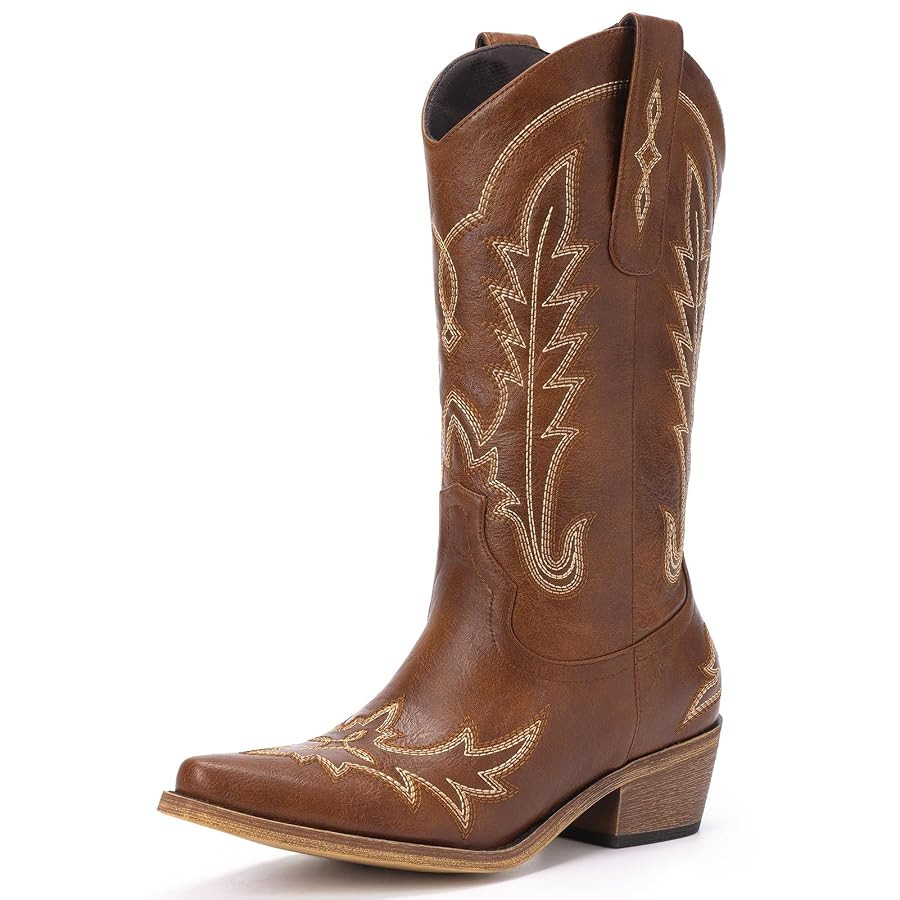Cowboy Boots for Women - Cowgirl Boots with Embroidery, Chunky Heel Pointed Toe Pull-on Vintage W... | Amazon (US)