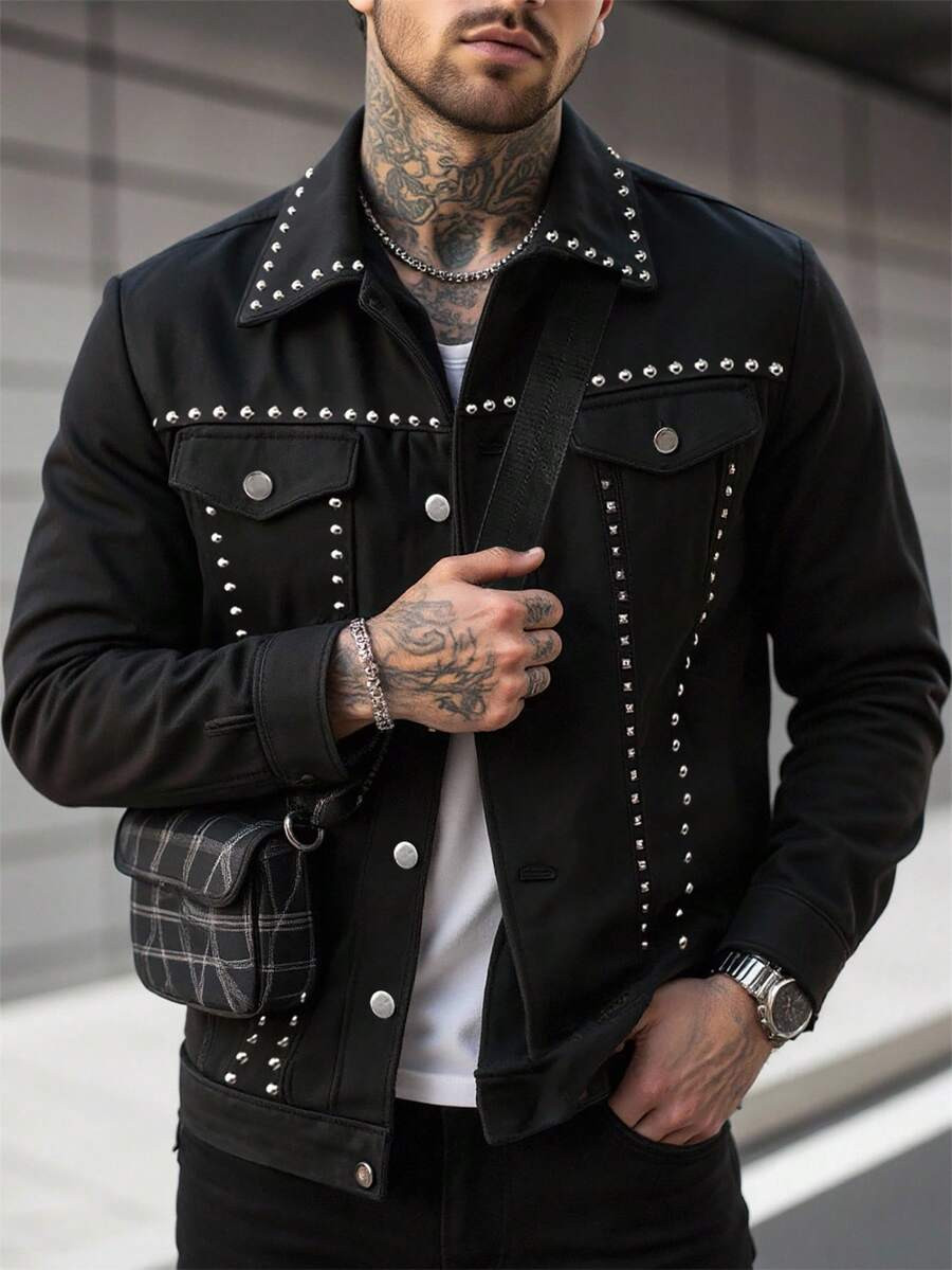 Manfinity Roughcore Men's Street Stud Metal Jacket,Black And Silver Gothic Out Bomber Long Sleeve... | SHEIN