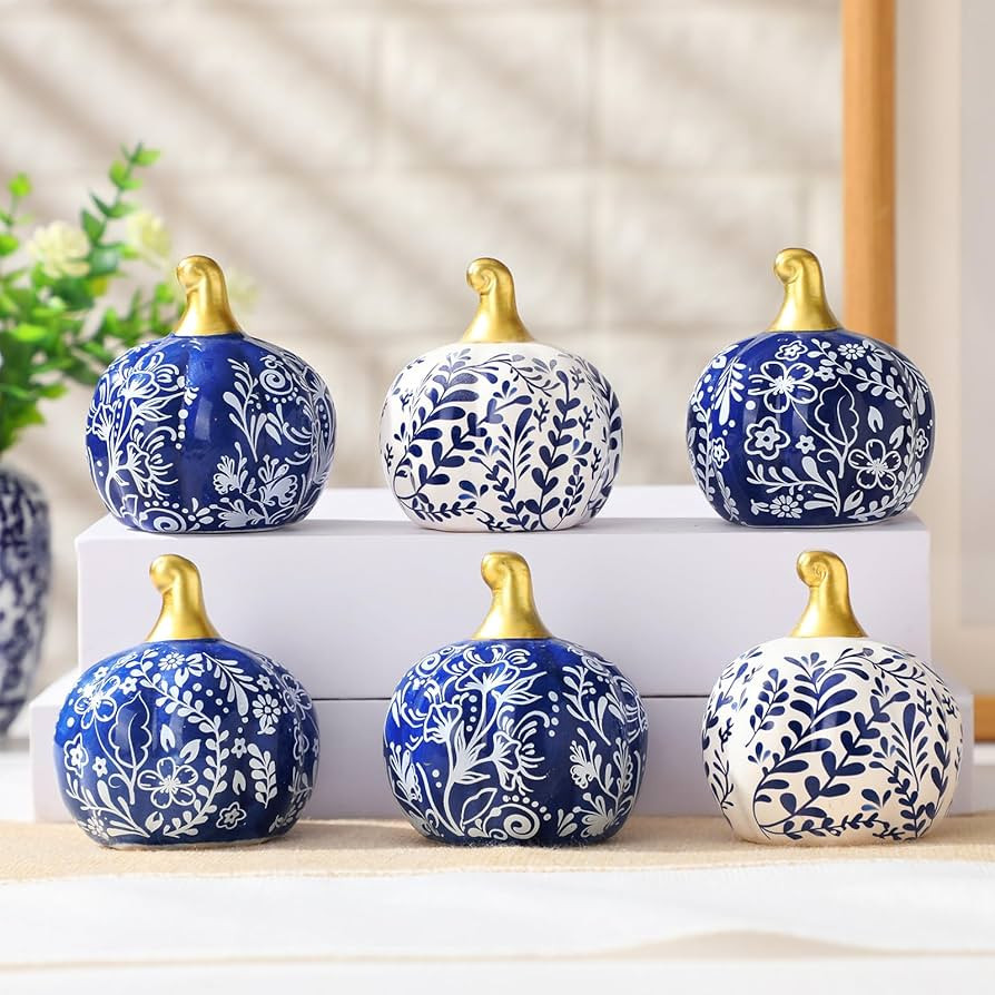 6 Pcs Vintage Blue and White Ceramic Chinoiserie Pumpkins Fall Farmhouse Table Centerpiece Porcel... | Amazon (US)