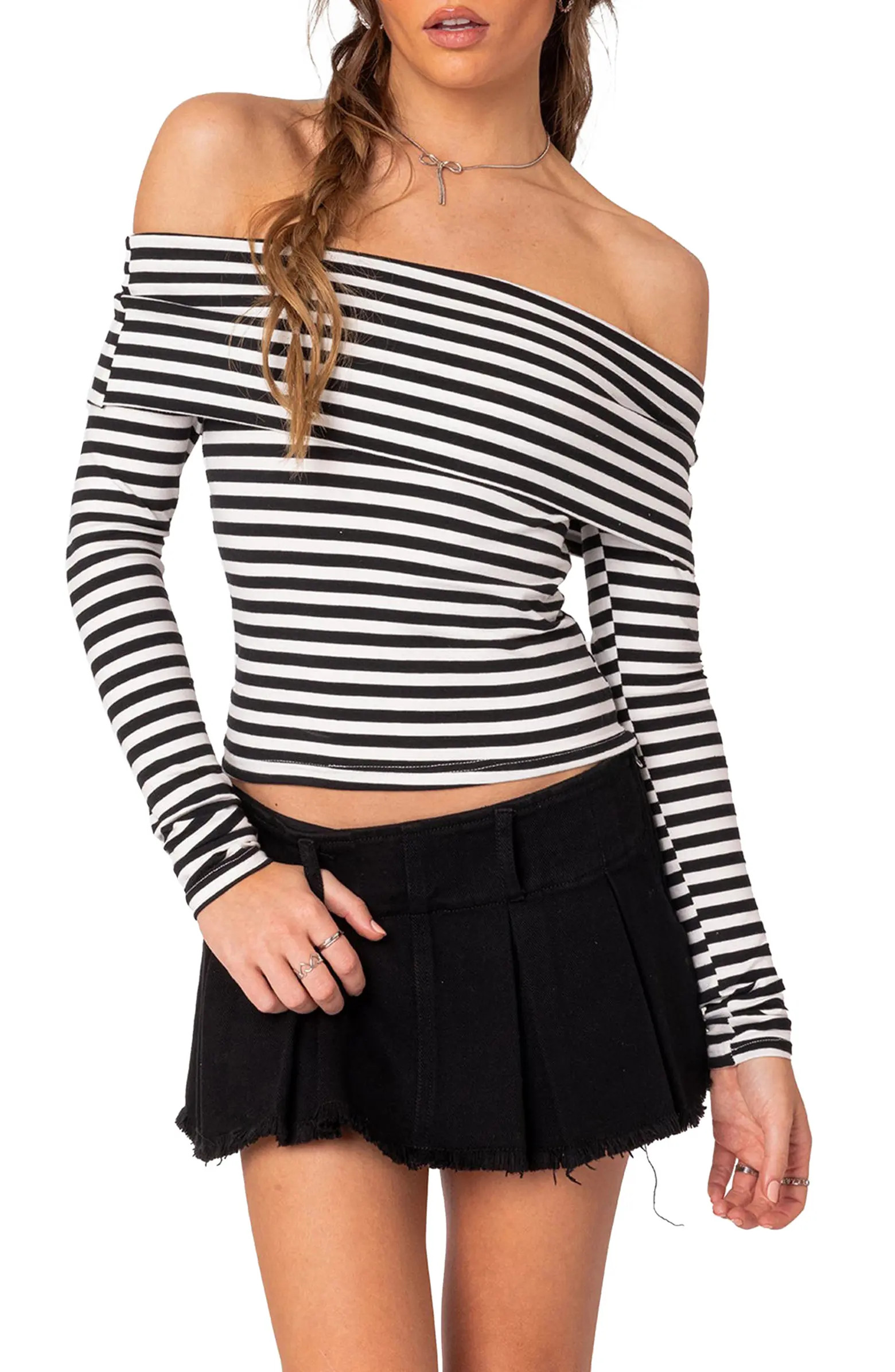 EDIKTED Stripe Foldover Off the Shoulder Crop Top | Nordstrom | Nordstrom