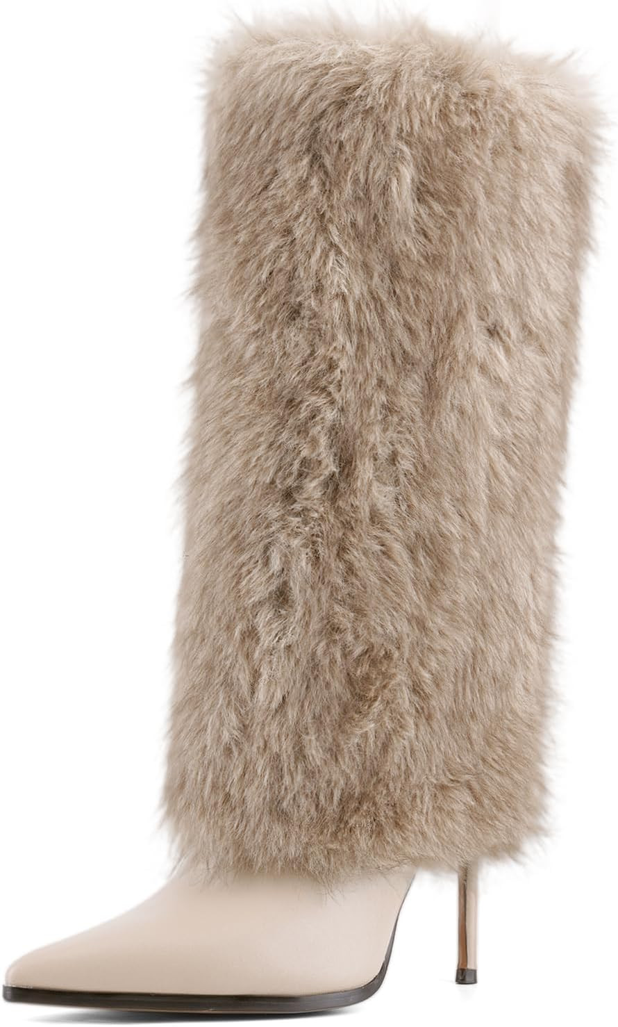 QIV Fur Knee High Boots Women Pointed Toe Stiletto Winter Fashion Tall Boot for Women | Amazon (US)