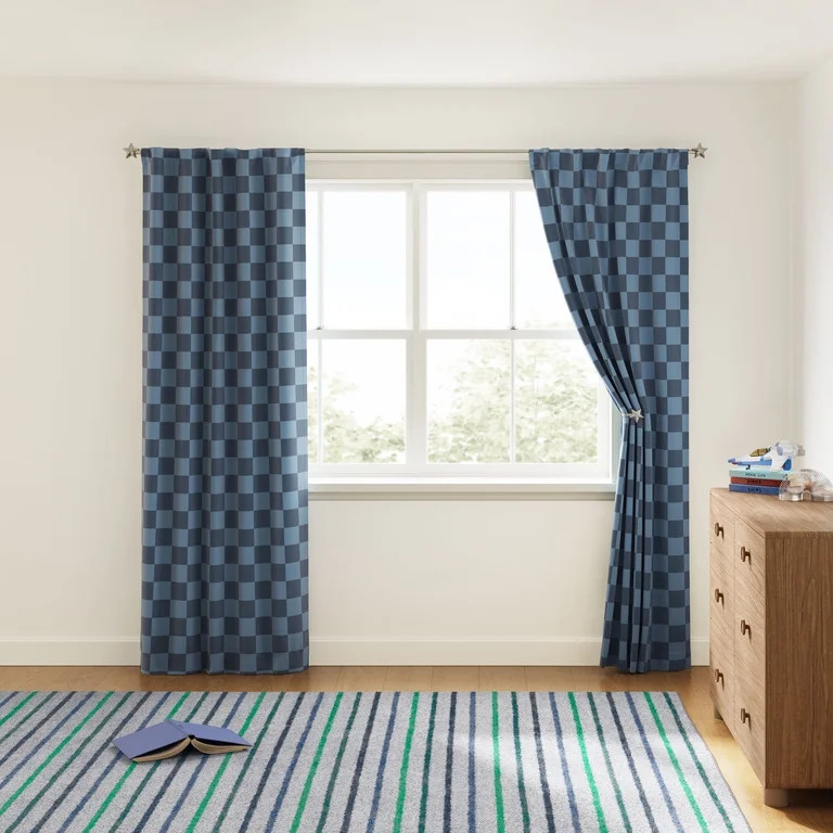 Mainstays Kids Navy Blue Check Printed Blackout Rod Pocket with Back Tabs Single Curtain Panel, S... | Walmart (US)