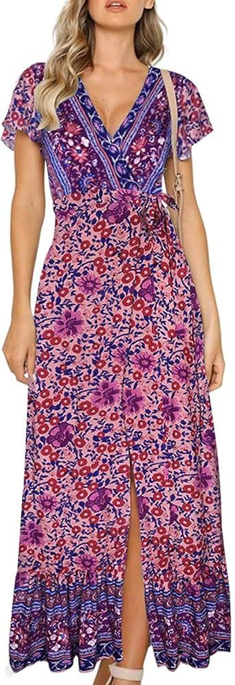 Women's Bohemian Floral Printed Wrap V Neck Short Sleeve Split Beach Party Maxi Dress | Amazon (US)