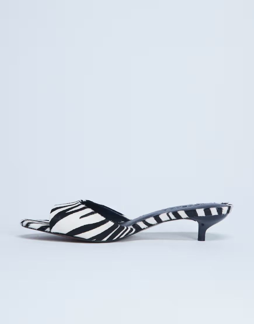 Topshop Alba real leather peep toe kitten heel mules in zebra pony-Black | ASOS (Global)