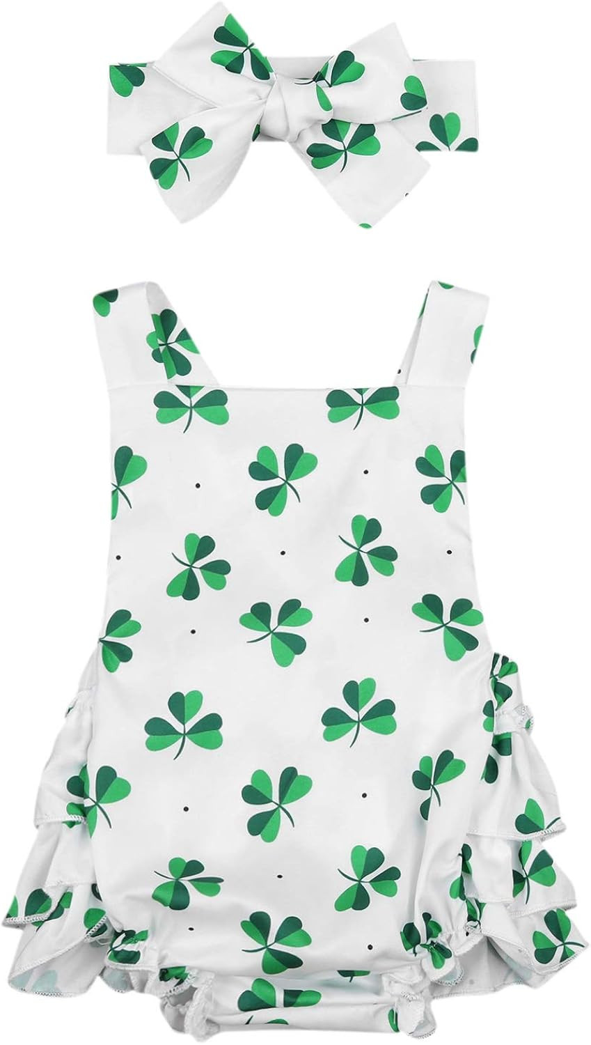 Newborn Baby Girl St. Patrick's Day Outfit Sleeveless Clover Print Strap Romper Headband 2Pcs Spr... | Amazon (US)