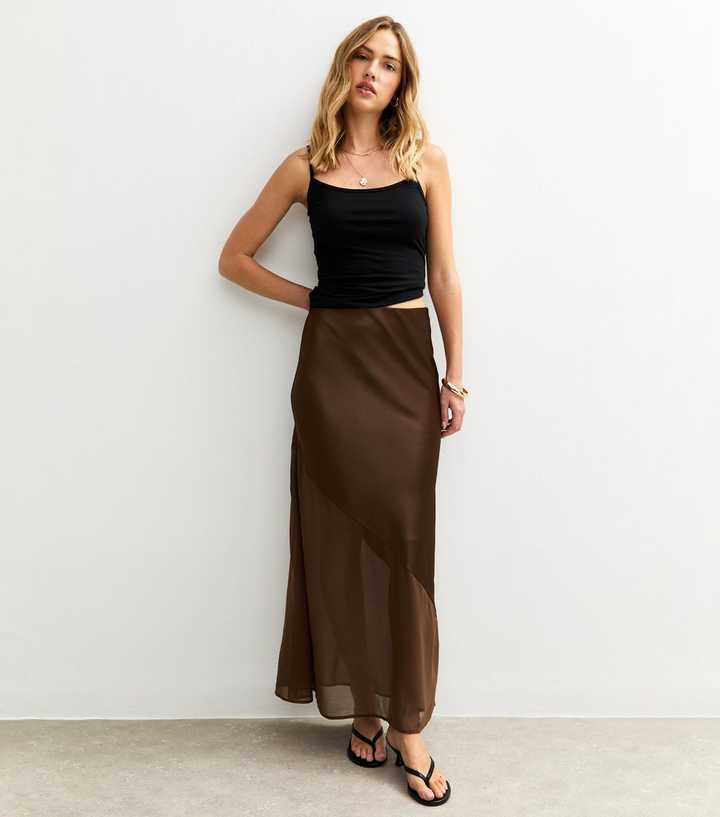 Brown Asymmetric Panelled Satin And Chiffon Midi Skirt | New Look | New Look (UK)