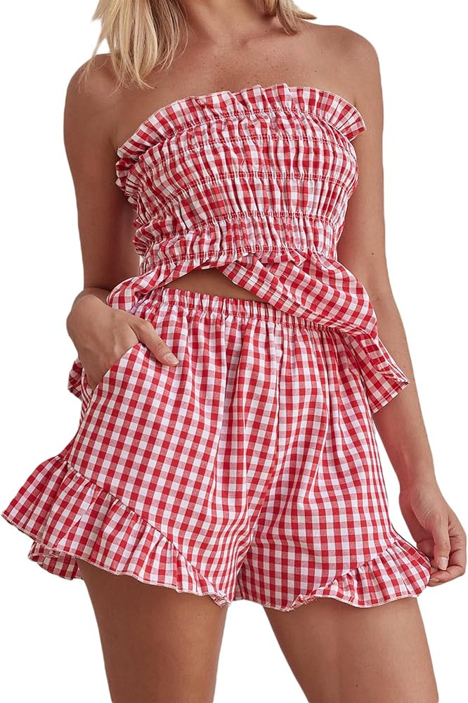 Women Summer Sexy 2 Piece Outfits Stripe Print Ruched Strapless Bandeau Tube Top Shorts Sets Stre... | Amazon (US)