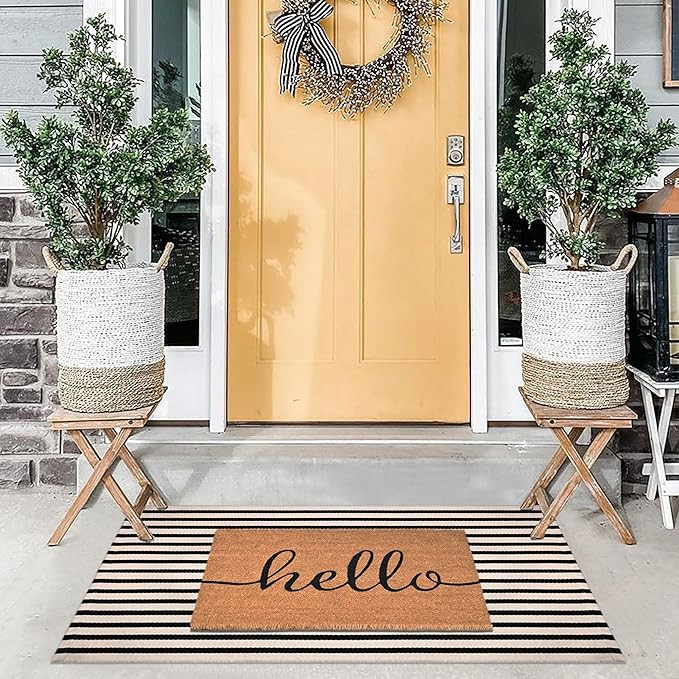 Front Door Mat Combo Set, Hello 100% Coco Coir Welcome Doormat + 28" x 43" Layered Buffalo Black ... | Amazon (US)