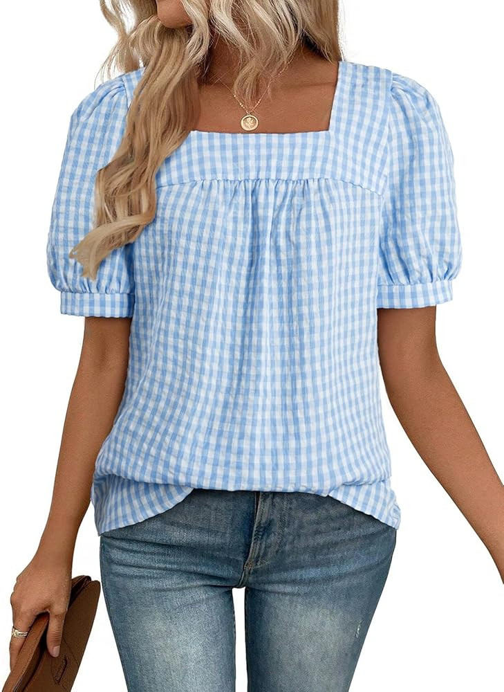 EVALESS Tops for Women Short Sleeve Tunic Blouse Square Neck Gingham Tops Cotton Blend Plaid Shir... | Amazon (US)