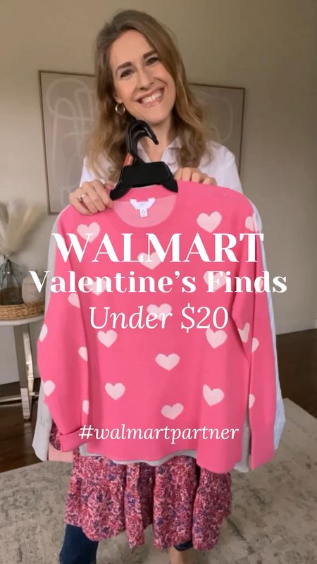 Valentine’s Day mood with these Walmart  fashion finds under $20! #walmartpartner Love the heart sweaters, straight leg jeans are the best, soft and flowy floral dress, plus a must have tunic top and light pink zip jacket. I’m wearing my usual small in each piece except the tunic where I sized up to medium. #walmartfashion #walmart #iywyk #walmartfinds 

#LTKfindsunder100 #LTKfindsunder50 #LTKstyletip