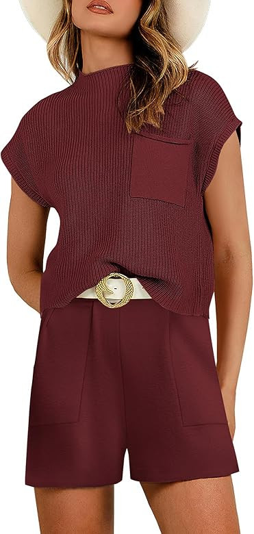 Prinbara Women's 2 Piece Outfits Summer Sweater Short Sets Knit Pullover Tops and Shorts Tracksui... | Amazon (US)