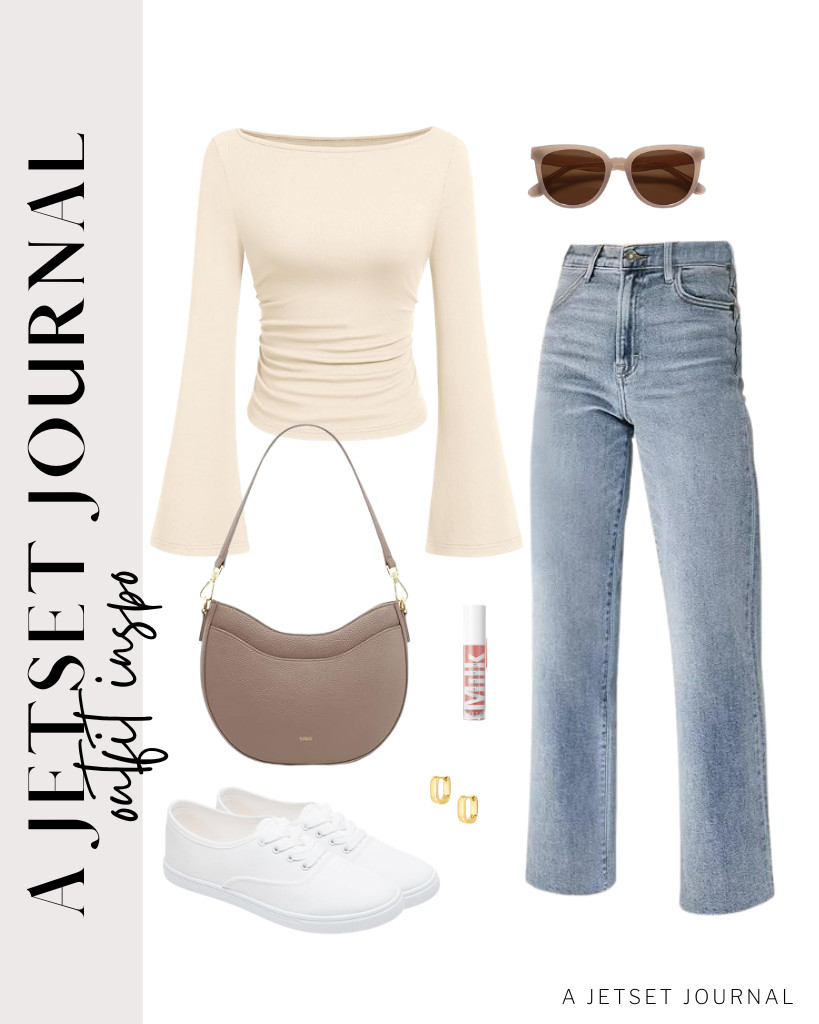 This long-sleeve boat neck shirt and straight-leg jeans combination is everything. These white canvas sneakers are ideal footwear for this outfit. To add style, a Kattee satchel bag and SOJOS sunglasses will do the trick. 

 #LTKSeasonal #LTKSaleAlert #LTKTravel