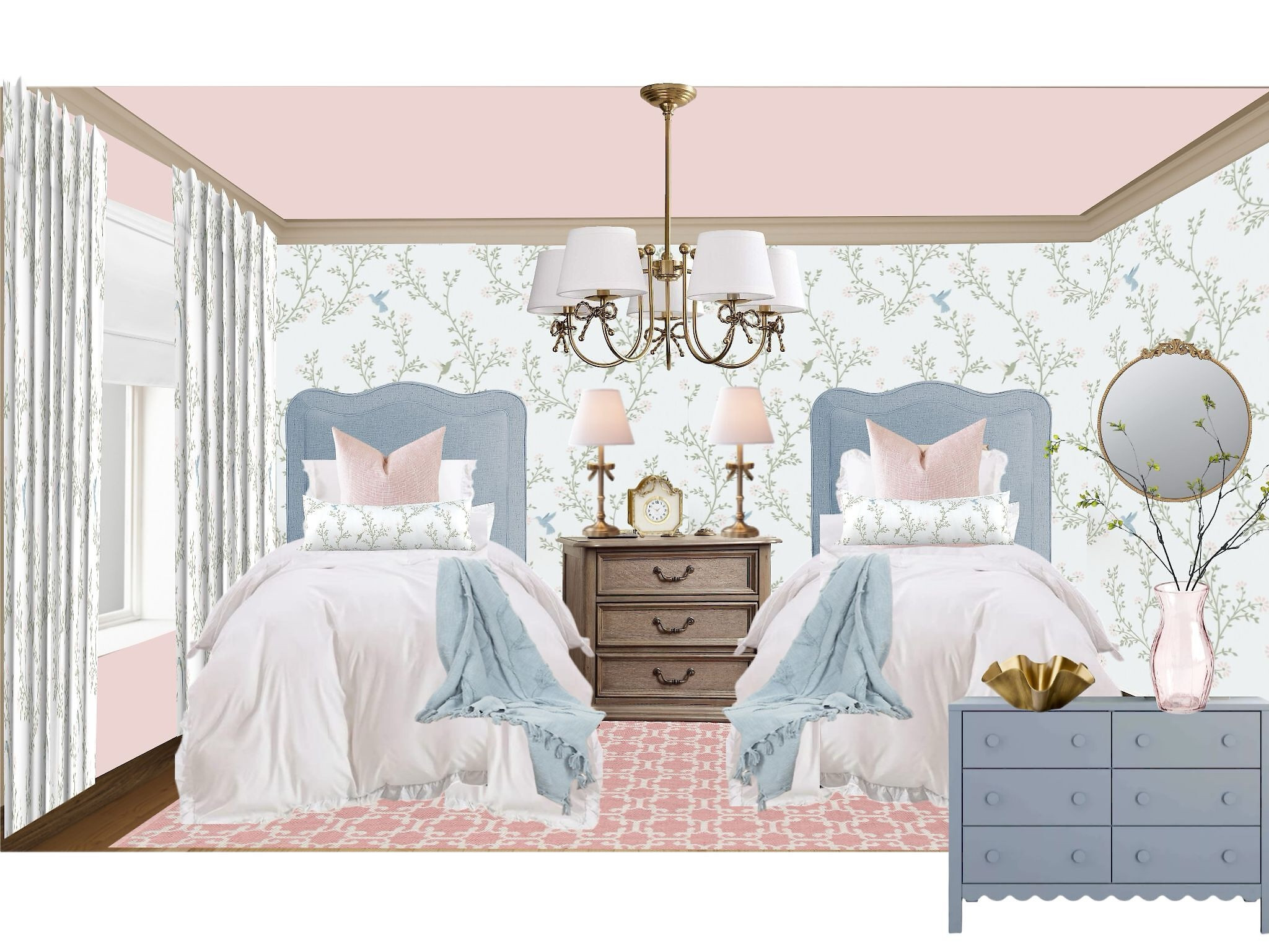 This charming bedroom features twin beds with elegant blue scalloped headboards, creating a sophisticated yet playful focal point. The walls are adorned with a delicate pink and blue-hued wallpaper, adding a soft, timeless touch. Coordinating pillows in blush and powder blue bring cohesion, while crisp white bedding keeps the space fresh and airy. A chic nightstand with a classic lamp sits between the beds, adding warmth and refinement. Floor-length drapes in soft pastels frame the windows, enhancing the serene ambiance. This thoughtfully designed space blends elegance and whimsy, perfect for a stylish and inviting retreat. #pinkgirlsbedroom #trendinggirlsbedroom #girlsbedroom #pink

#LTKBaby #LTKKids #LTKHome