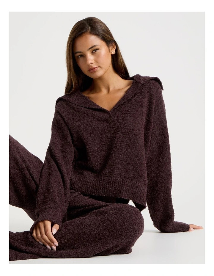 Chloe & LolaCosy Boucle Open V-Collar Long Sleeve Top in Burnt Fig | Myer