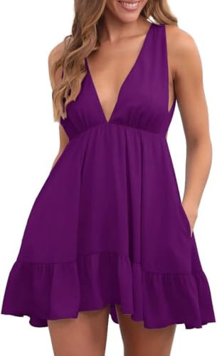 Febriajuce Womens Summer Mini Dress Loose Ruffle Deep V-Neck Backless Strap Solid Casual Short Dresses with Pockets Purple | Amazon (US)