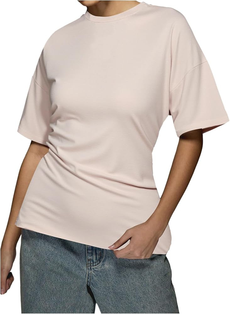 Verdusa Women's Cinched Waist Tops Drop Shoulder Short Sleeve Ruched T Shirt | Amazon (US)