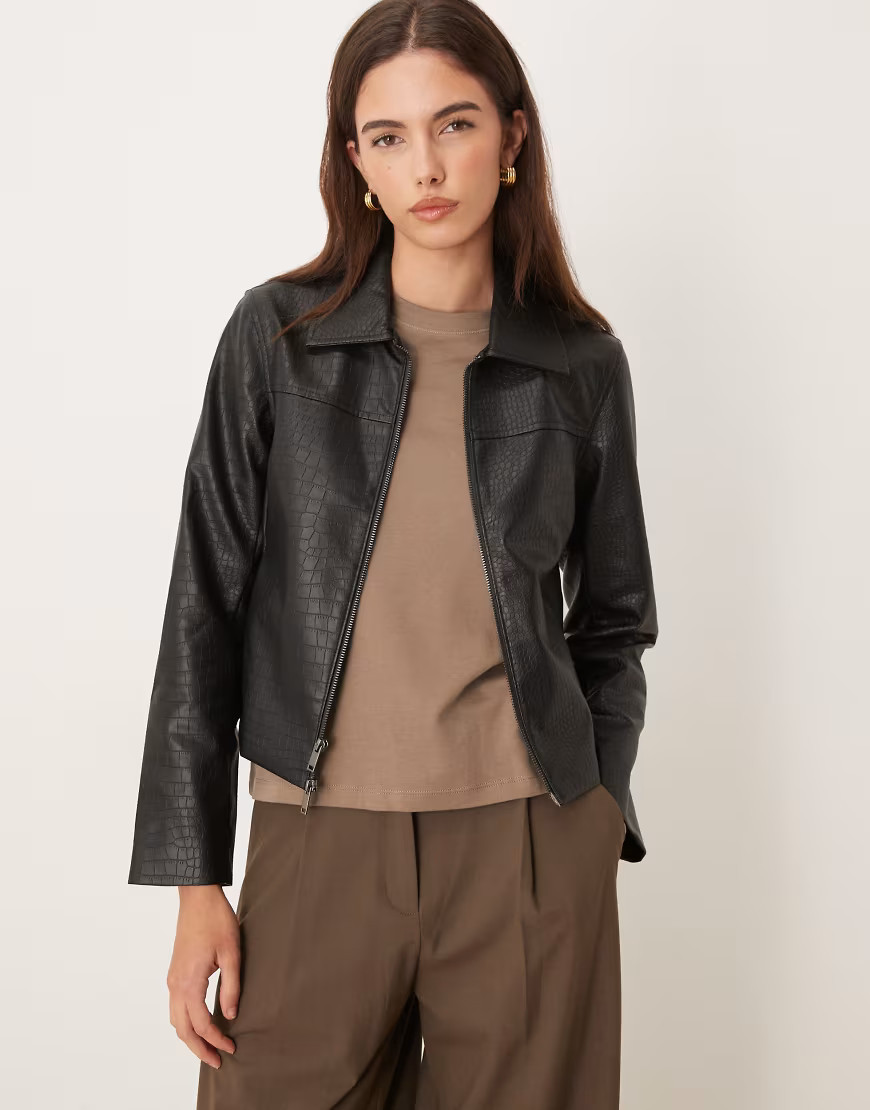 Abercrombie & Fitch croc pattern slim fit vegan leather jacket in black | ASOS (Global)