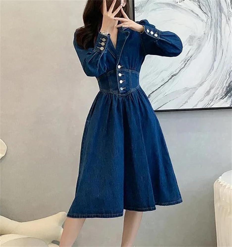 Women's Denim Dress Long Sleeve Single Breasted A Line Retro Style Casual Spring Solid Color Dres... | Amazon (US)
