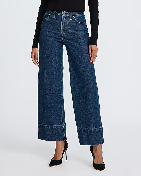 High Waisted Dark Wash Tall Hem Wide Leg Ankle Jeans | Express