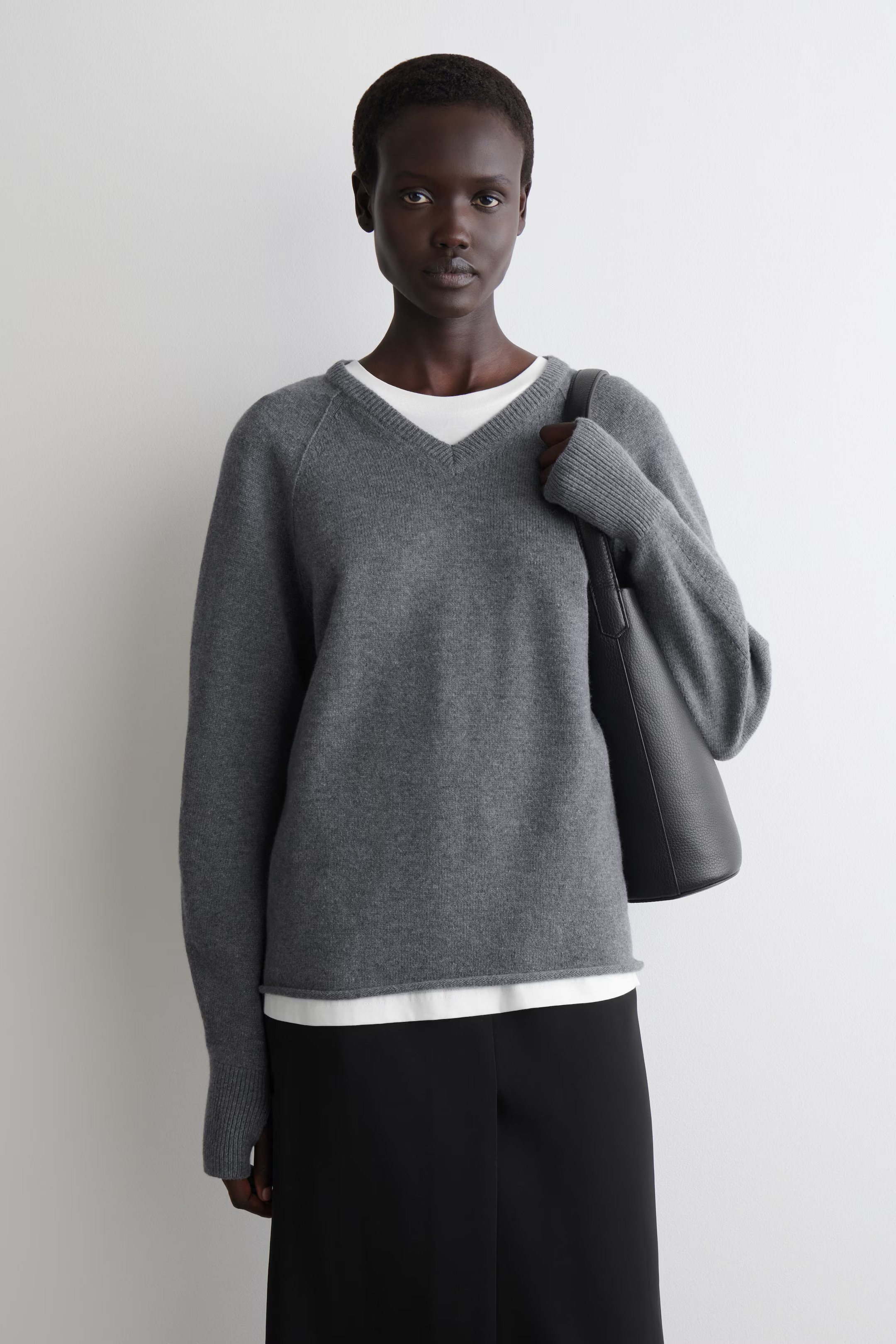 MERINO WOOL V-NECK JUMPER - DARK-GREY MÉLANGE | COS | COS UK