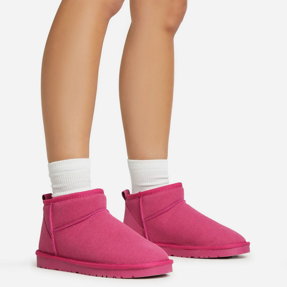 Ultra Mini Ankle Length Faux Fur Lining Boots In Fuchsia Pink Faux Suede | EGO Shoes (US & Canada)