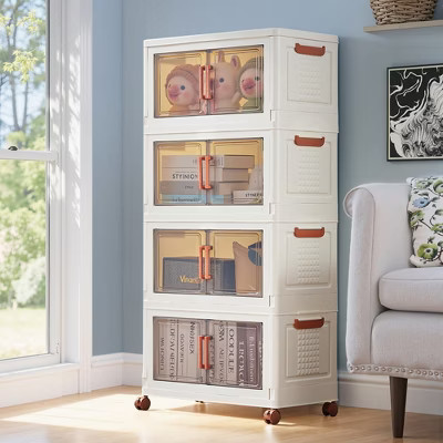 VECELO 4-Tier Stackable Storage Bins with Lid, Folding Storage Cabinet with Double Door & Wheels, Milky White | Target