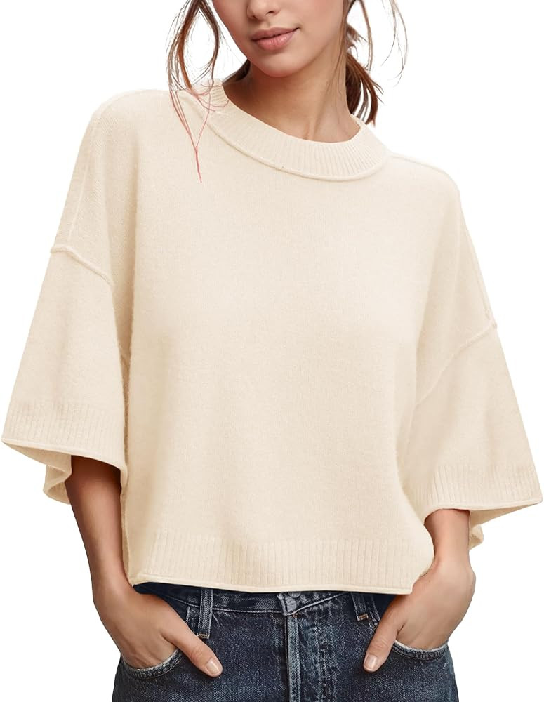 ZDC Women's Oversized Sweaters Summer 3/4 Sleeve Casual Cropped Tops Lightweight Loose Fit Knit P... | Amazon (US)