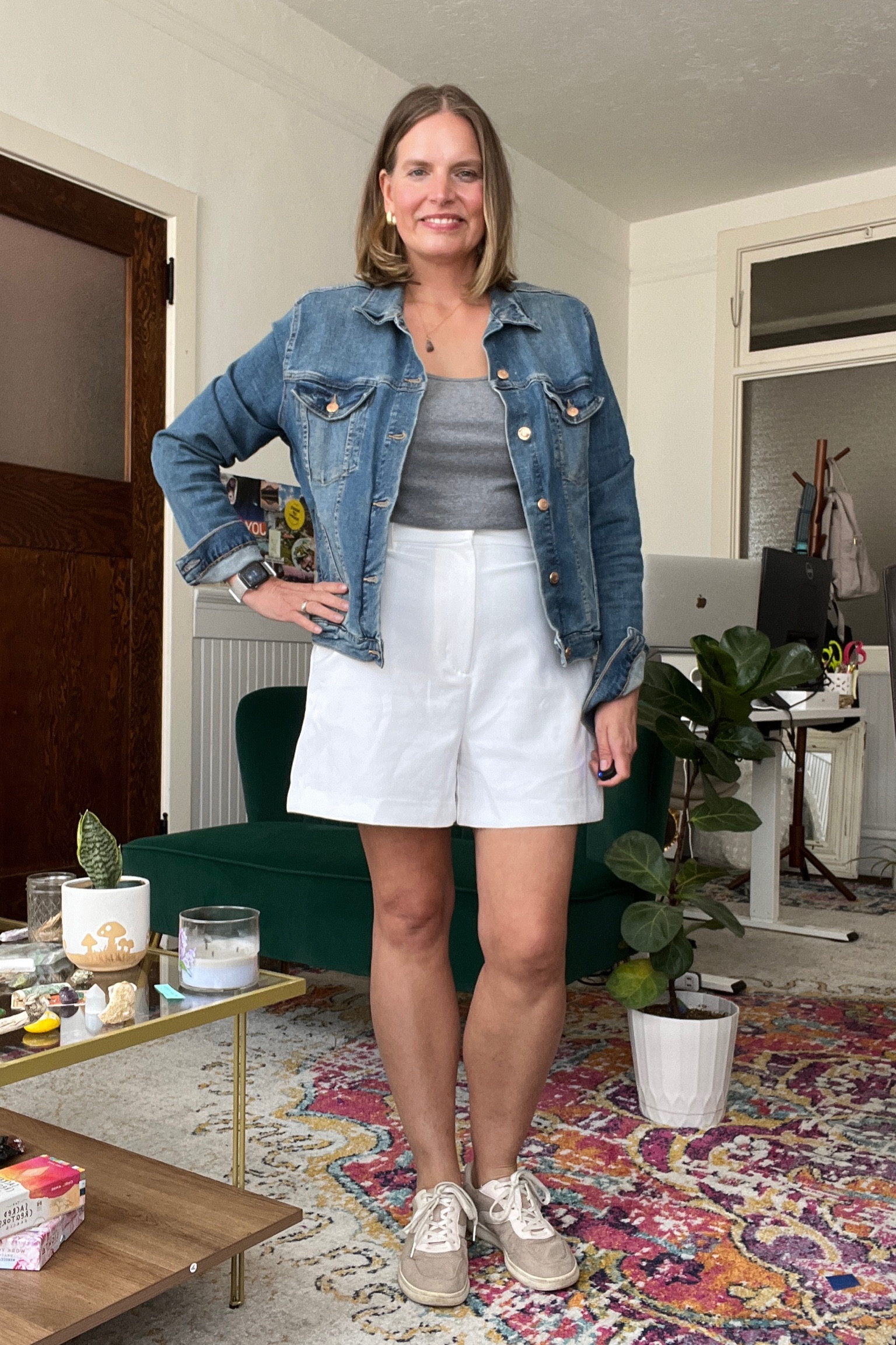 Summer outfit code: gray tank, white trouser, shorts, denim jacket, and sneakers  

#LTKmidsize #LTKstyletip #LTKSeasonal