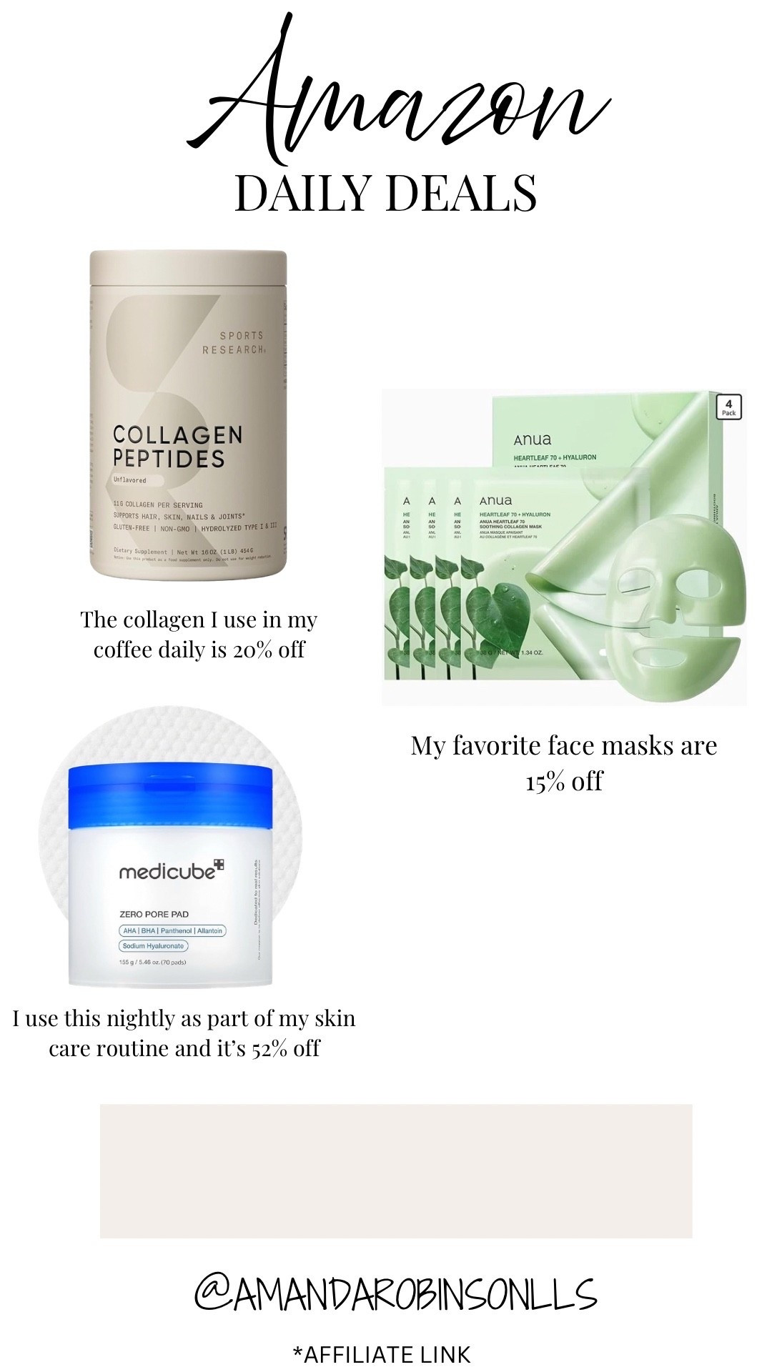 Amazon daily deals
Sports research collagen 
Medicine toner pads 
Collagen face masks 

#LTKBeauty #LTKSaleAlert