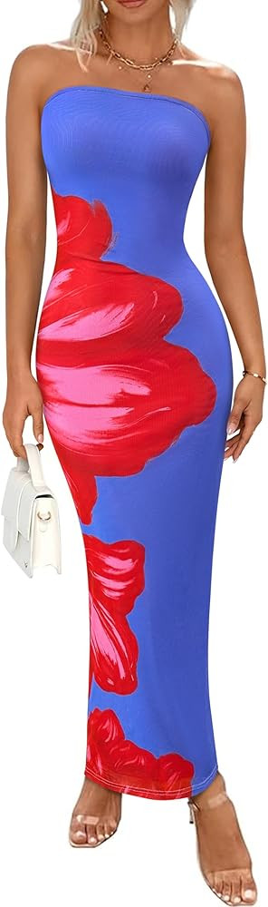 PRETTYGARDEN Women Summer Strapless Maxi Dress Bodycon Floral Sexy Long Wedding Guest Dress Forma... | Amazon (US)