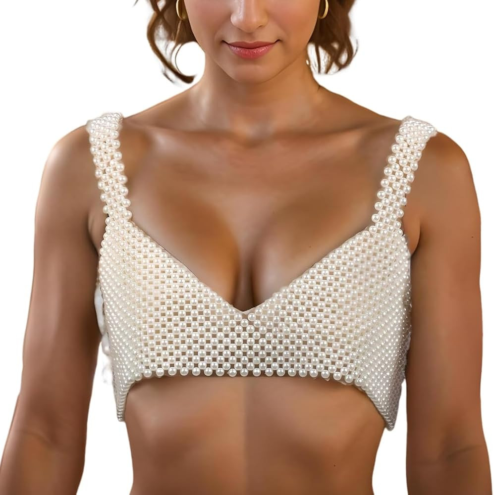 Pearl Body Chain for Women White Beads Statement Chunky Necklace Cover Up Crop Top Bra Jewelry Co... | Amazon (US)