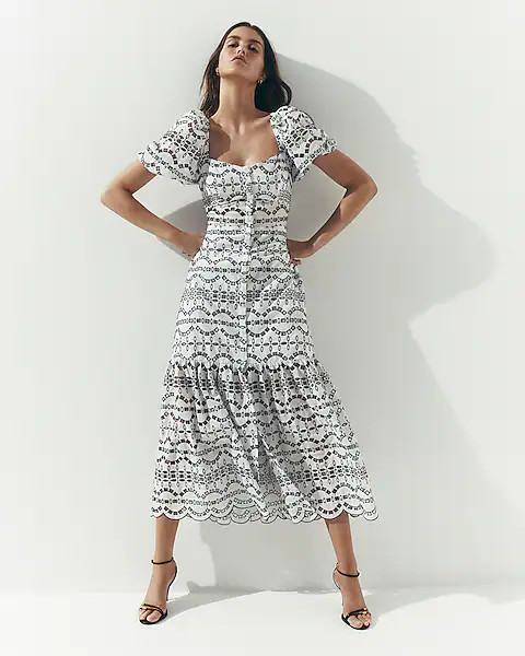 Eyelet Puff Sleeve Button Front Tiered Maxi Dress | Express