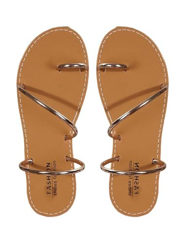 OYOANGLE Women's Metallic Strappy Toe Ring Sandals Open Toe Flat Slide On Thong Sandals Champagne 8 | Amazon (US)
