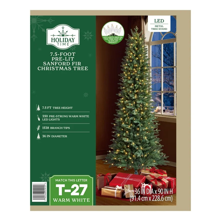 7.5' Pre-Lit Sanford Pencil Fir Green Artificial Christmas Tree with Warm White LED Lights, by Ho... | Walmart (US)