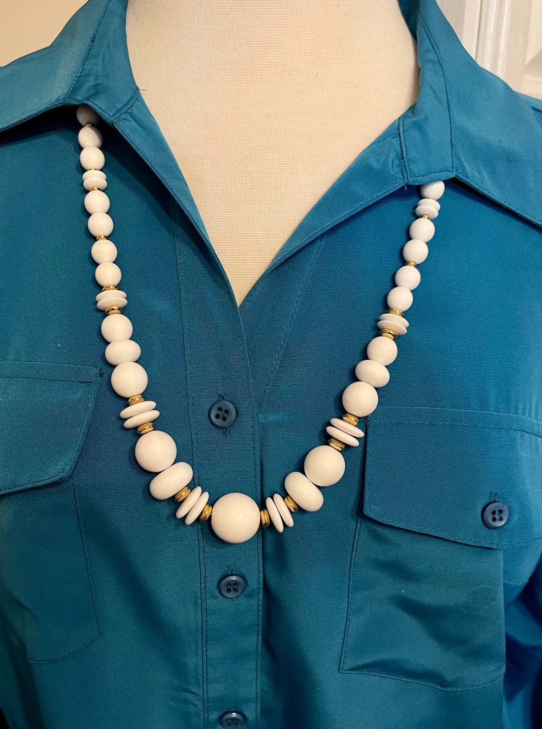 Long White Liz Claiborne Necklace. Graduated 30” Beaded With Gold Accents. Over the Head Mother... | Etsy (US)